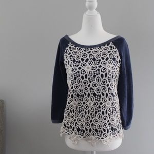 Blue Top with Cream Floral Crochet Overlay (M)